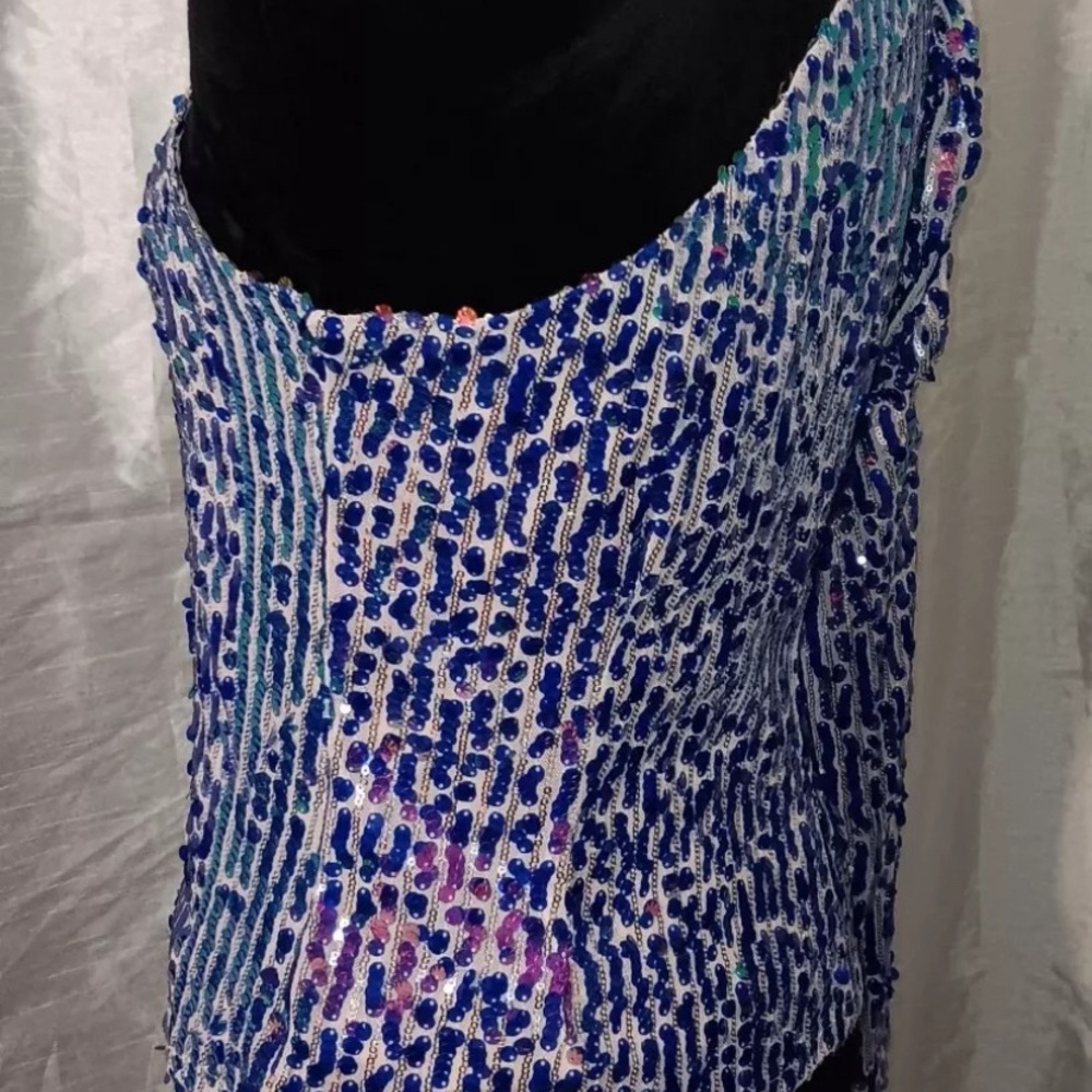 Venus sequined One-Shoulder long sleeve Top - Blue multi color Sz M - Picture 4 of 10